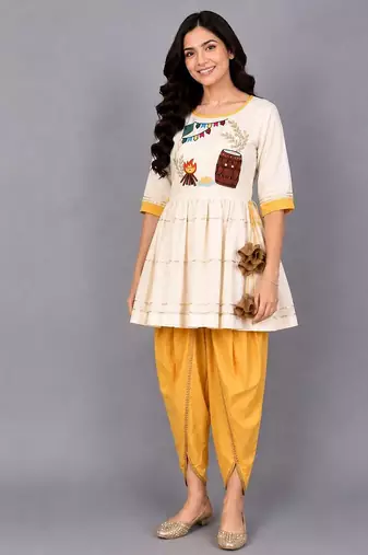 Off white yellow embroidered cotton silk kurta dhoti set