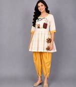 Off white yellow embroidered cotton silk kurta dhoti set