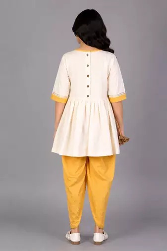 Off white yellow embroidered cotton silk kurta dhoti set