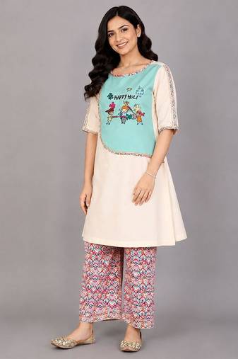 Multicolor blue embroidered cambric cotton kurta set