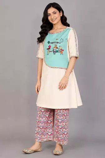 Multicolor blue embroidered cambric cotton kurta set