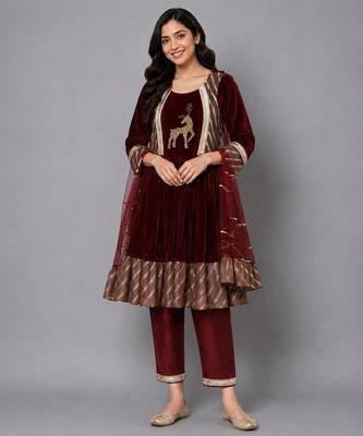 Maroon embroidered velvet silk anarkali set 1