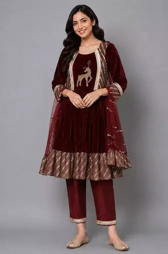 Maroon embroidered velvet silk anarkali set