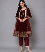 Maroon embroidered velvet silk anarkali set