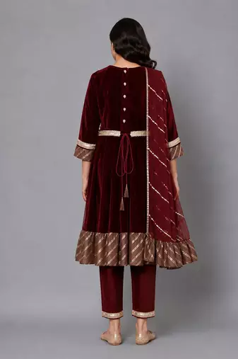 Maroon embroidered velvet silk anarkali set