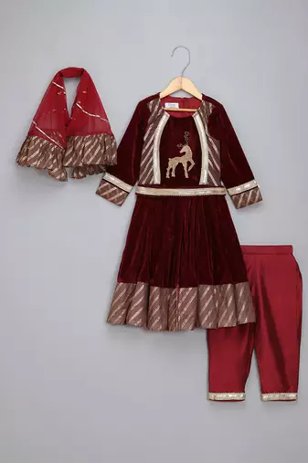 Maroon embroidered velvet silk anarkali set