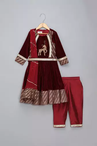 Maroon embroidered velvet silk anarkali set