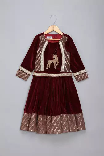 Maroon embroidered velvet silk anarkali set