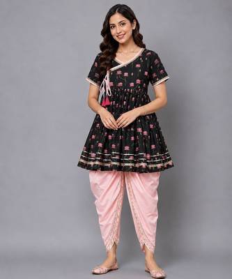 Black printed cotton silk kurta dhoti set 1