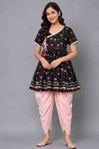 Black printed cotton silk kurta dhoti set