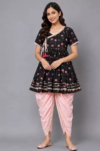 Black printed cotton silk kurta dhoti set