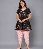 Black printed cotton silk kurta dhoti set