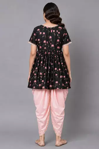 Black printed cotton silk kurta dhoti set