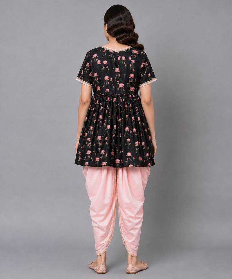 Black printed cotton silk kurta dhoti set