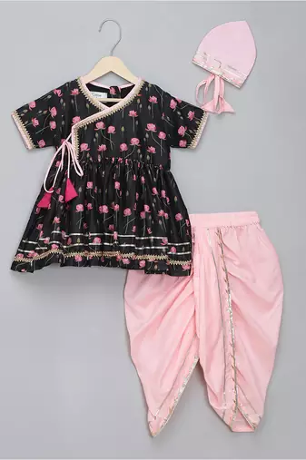 Black printed cotton silk kurta dhoti set