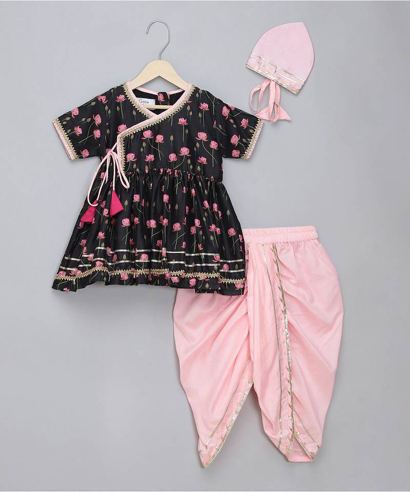 Black printed cotton silk kurta dhoti set