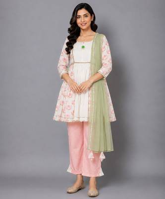 Off white peach printed cotton silk kurta set 1