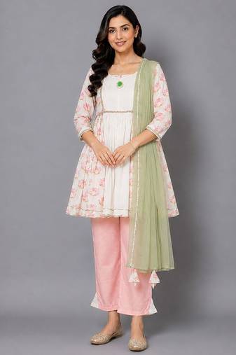 Off white peach printed cotton silk kurta set