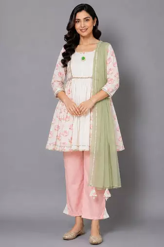 Off white peach printed cotton silk kurta set