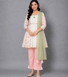 Off white peach printed cotton silk kurta set