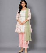 Off white peach printed cotton silk kurta set