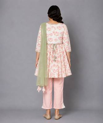 Off white peach printed cotton silk kurta set 2