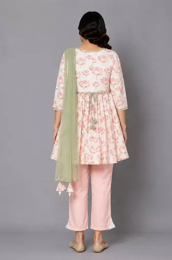 Off white peach printed cotton silk kurta set