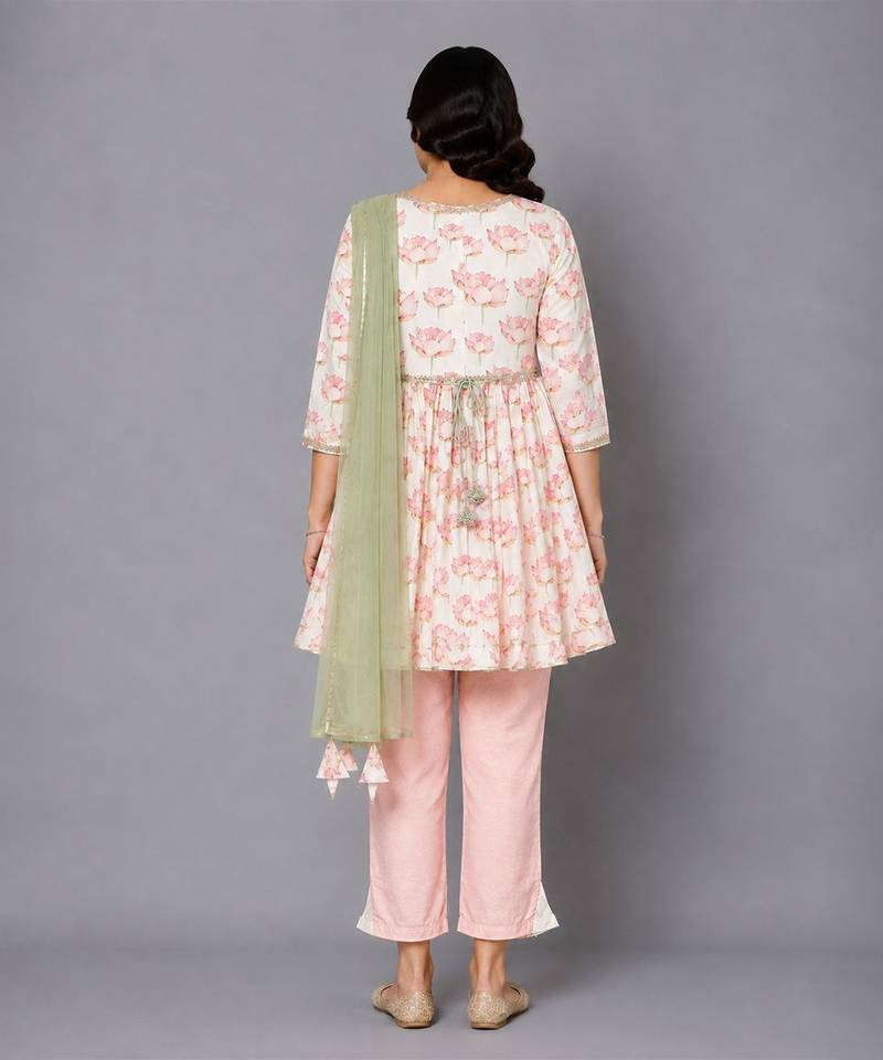 Off white peach printed cotton silk kurta set