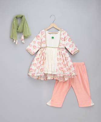 Off white peach printed cotton silk kurta set 3
