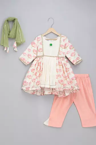 Off white peach printed cotton silk kurta set