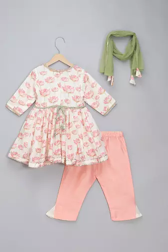 Off white peach printed cotton silk kurta set