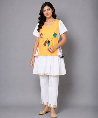 Yellow white embroidered cotton silk kurta set 1