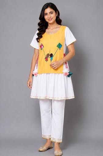 Yellow white embroidered cotton silk kurta set