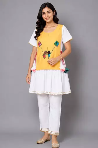 Yellow white embroidered cotton silk kurta set