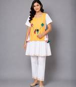 Yellow white embroidered cotton silk kurta set