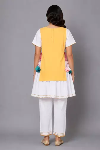 Yellow white embroidered cotton silk kurta set