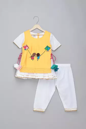 Yellow white embroidered cotton silk kurta set