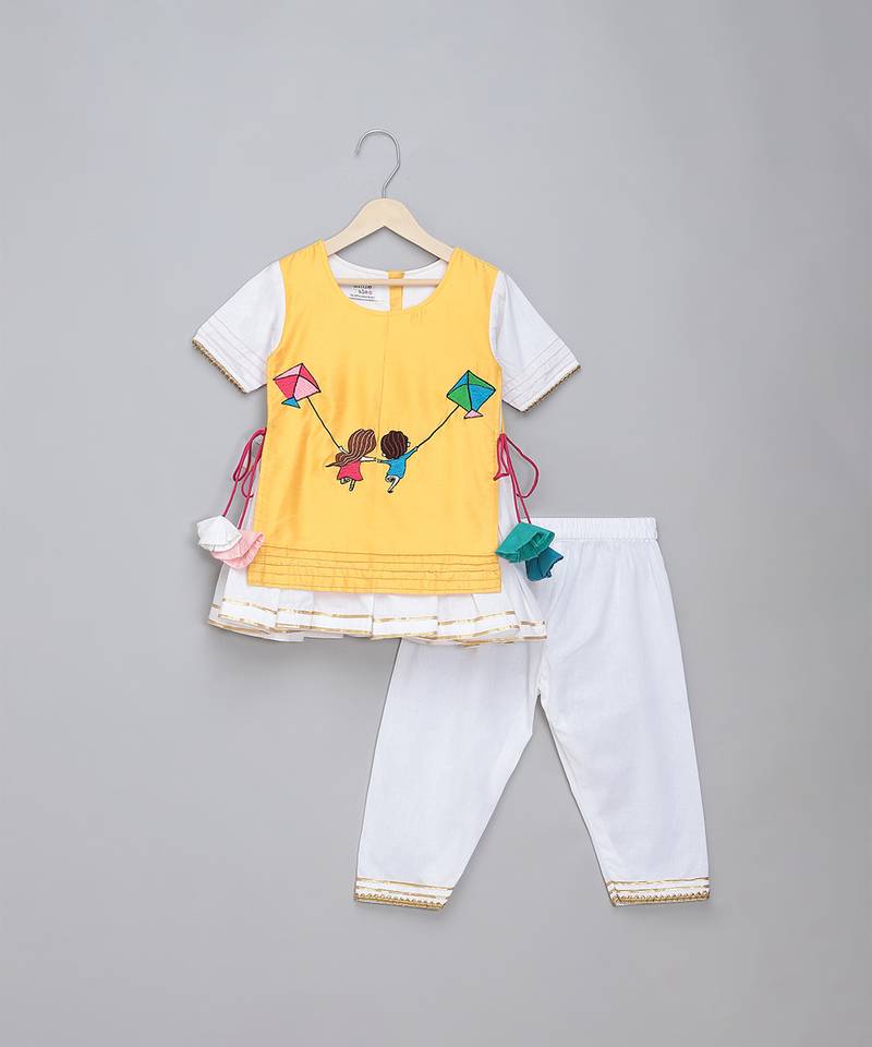 Yellow white embroidered cotton silk kurta set