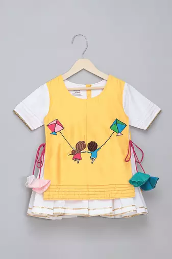 Yellow white embroidered cotton silk kurta set