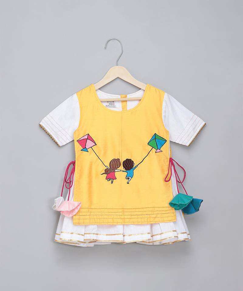 Yellow white embroidered cotton silk kurta set