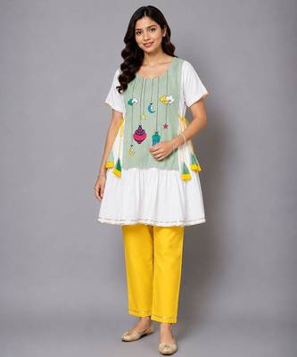 Green white embroidered cotton silk kurta set 1
