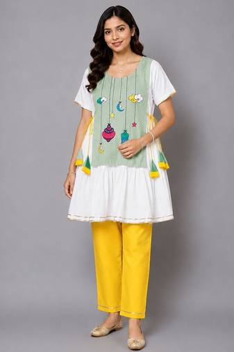 Green white embroidered cotton silk kurta set