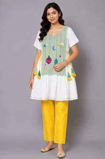 Green white embroidered cotton silk kurta set