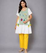 Green white embroidered cotton silk kurta set