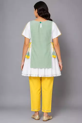 Green white embroidered cotton silk kurta set