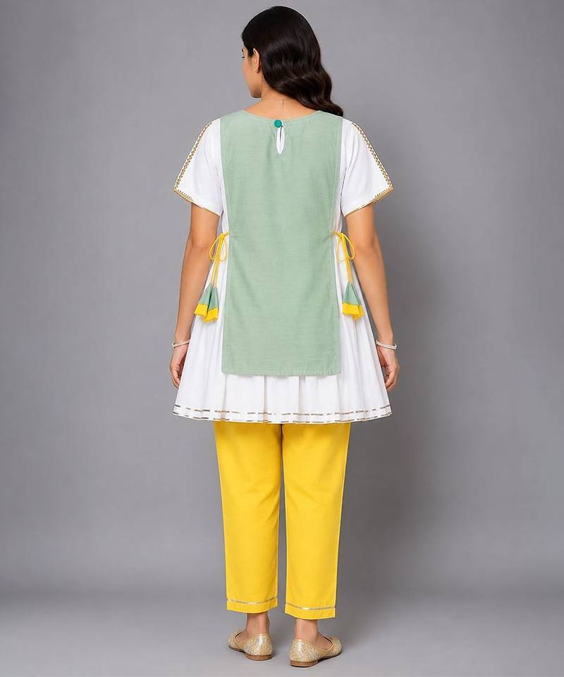 Green white embroidered cotton silk kurta set