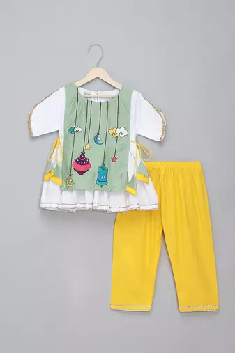 Green white embroidered cotton silk kurta set