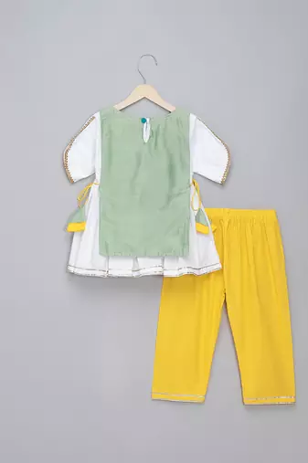 Green white embroidered cotton silk kurta set