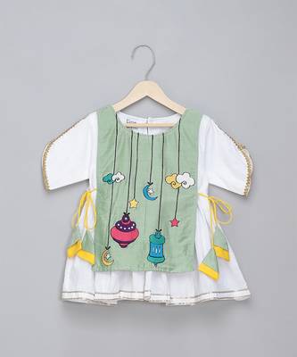 Green white embroidered cotton silk kurta set 5