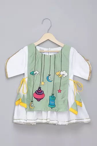 Green white embroidered cotton silk kurta set